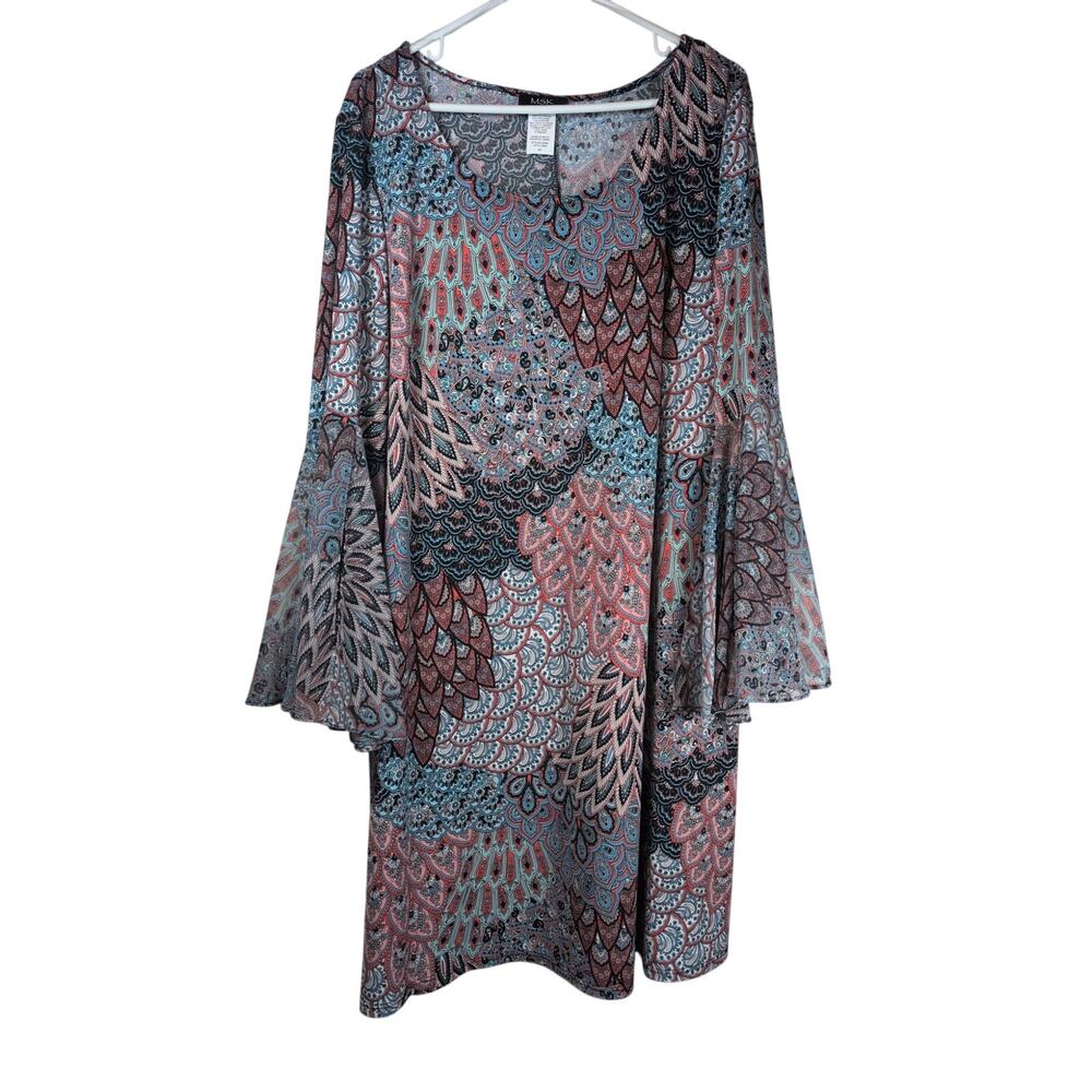 MSK Paisley Peacock Print Bohemian Bell Dress Split Flutter Sleeve Size 2XL